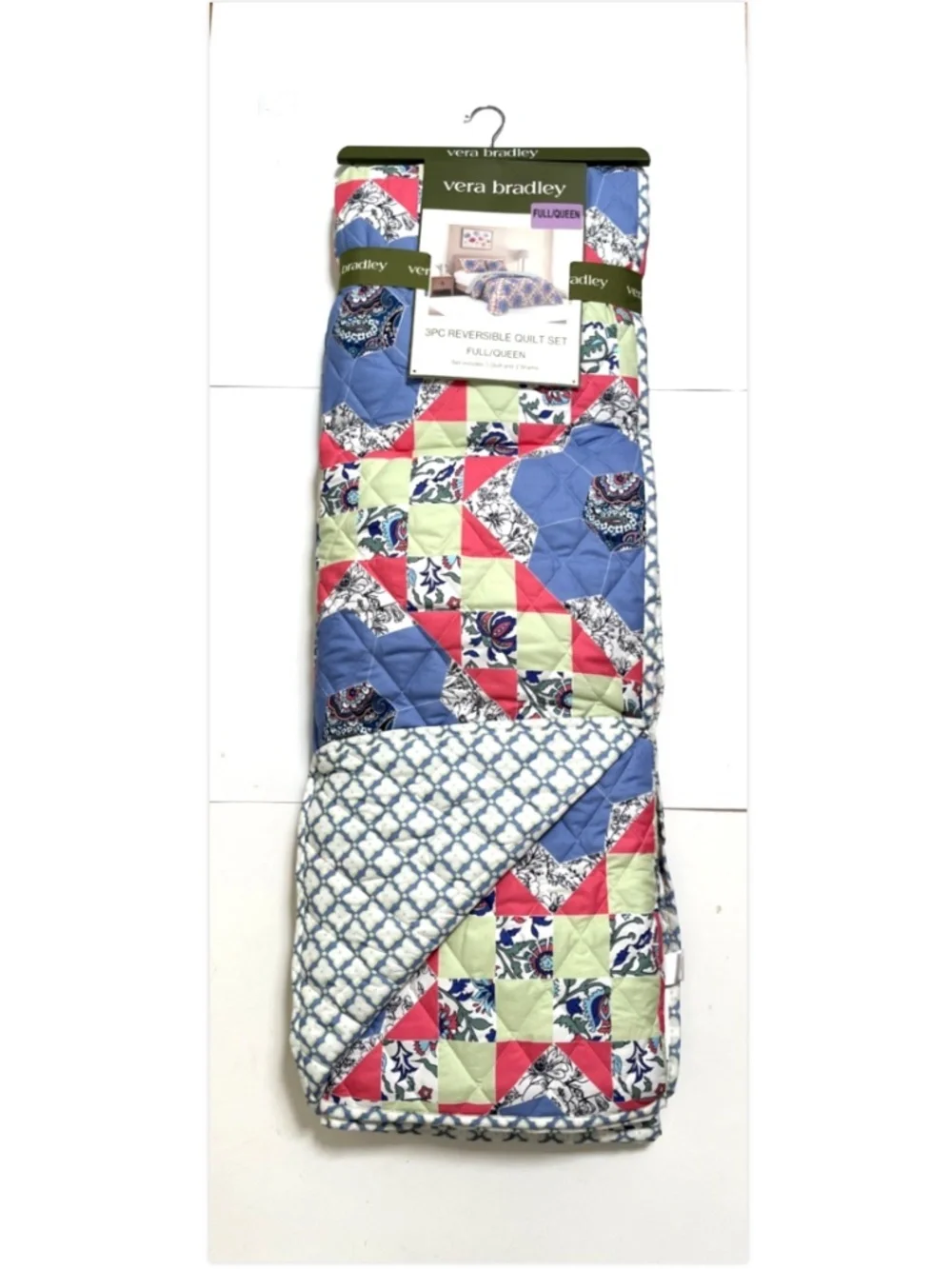 Vera Bradley Full Queen Quilt Set 3PC Reversible Floral Patchwork Blue Green NWT
